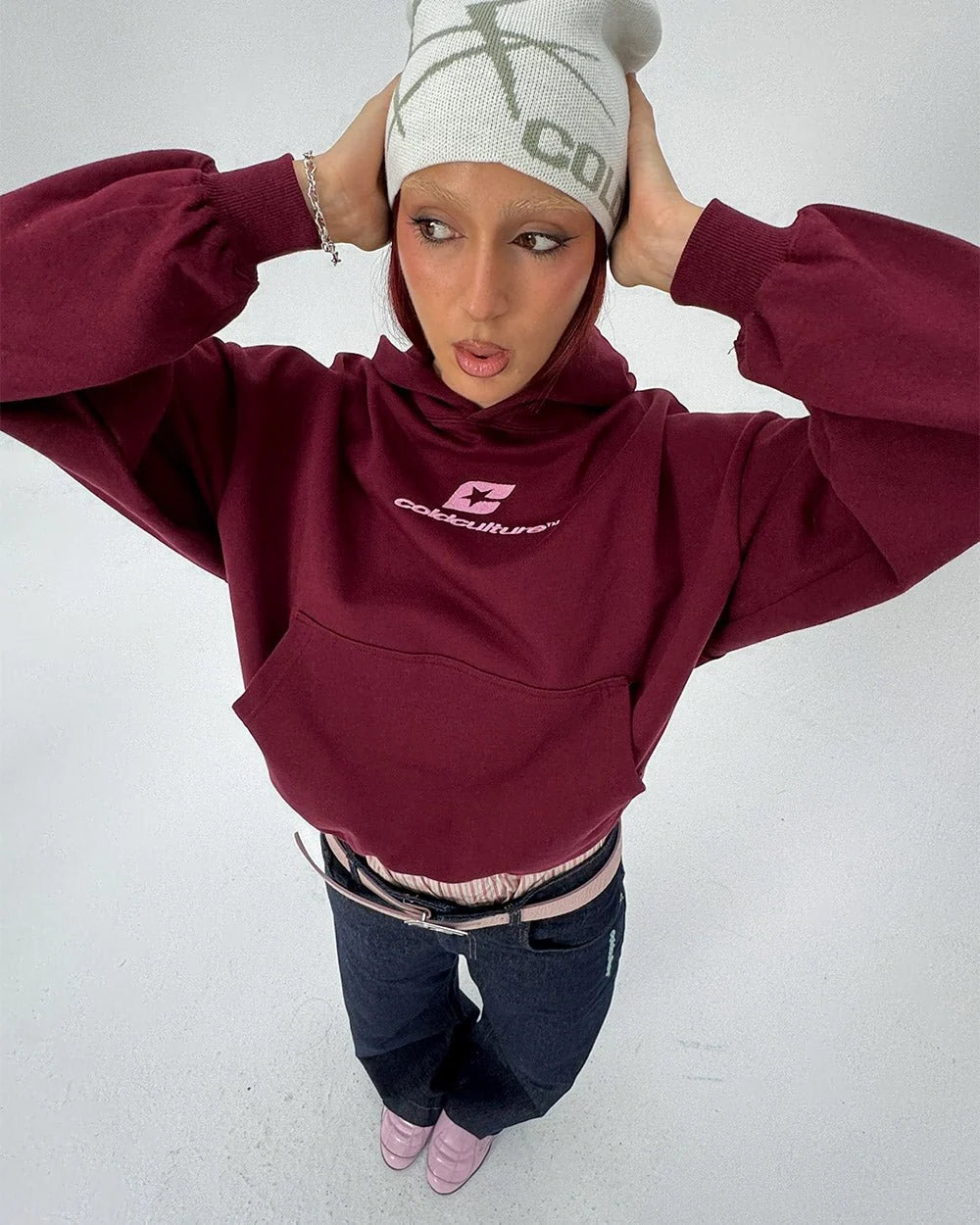 curved hoodie wine red