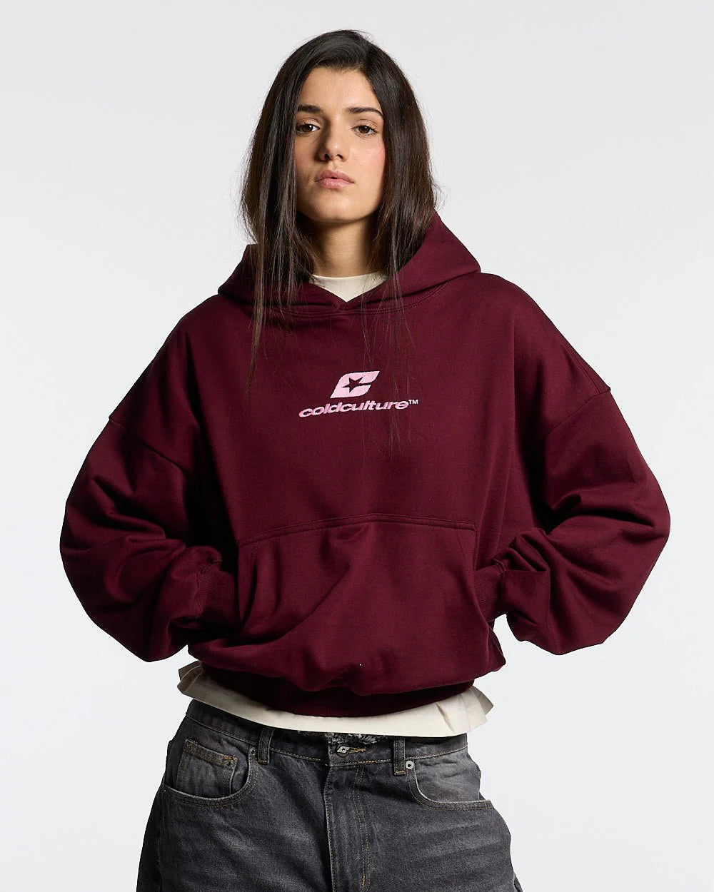curved hoodie wine red