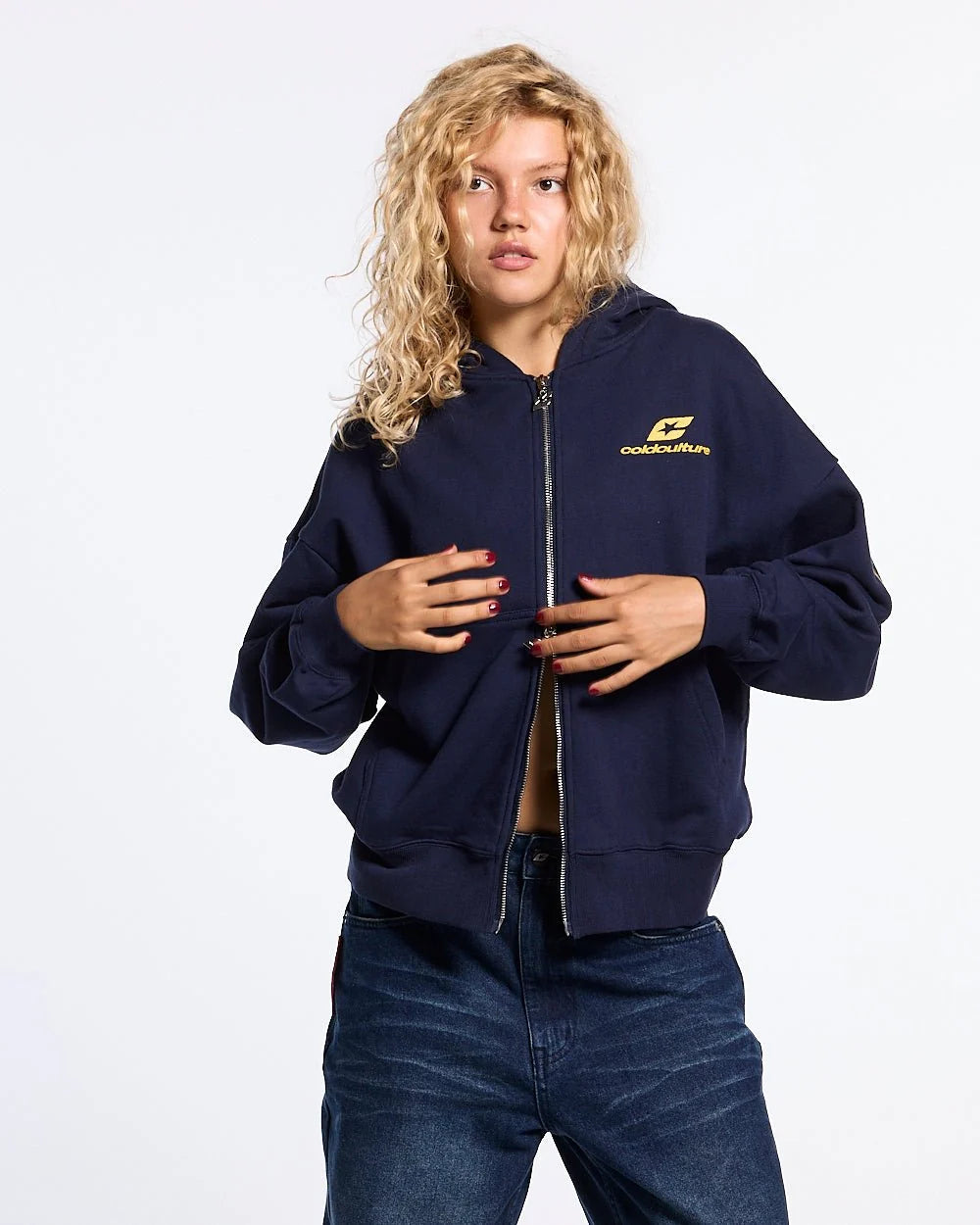 tartan distress curved zip hoodie blue