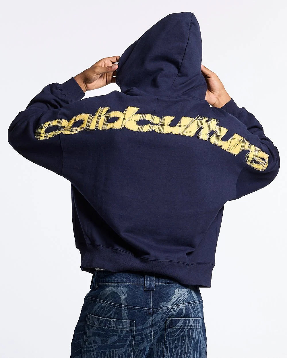 tartan distress curved zip hoodie blue
