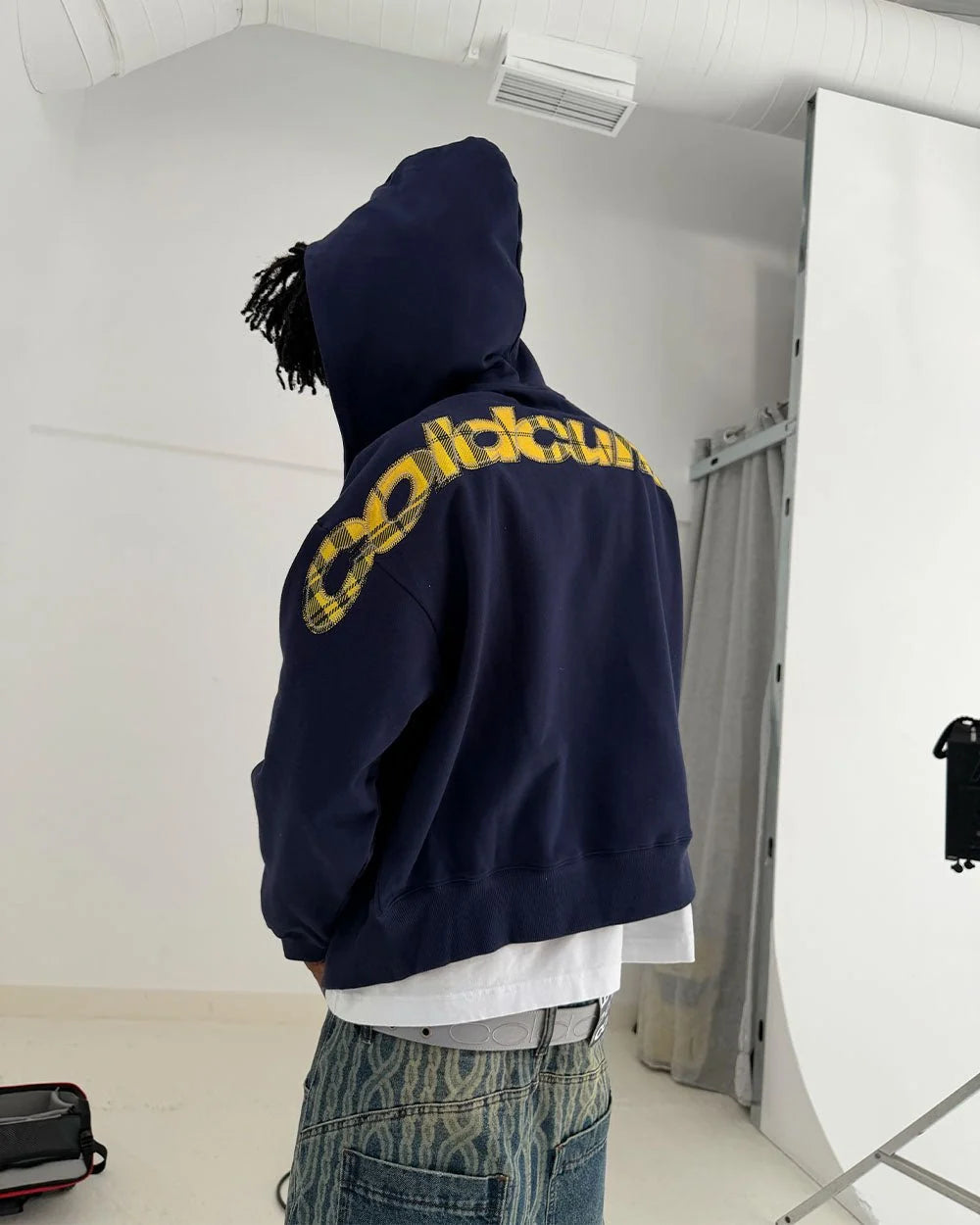 tartan distress curved zip hoodie blue