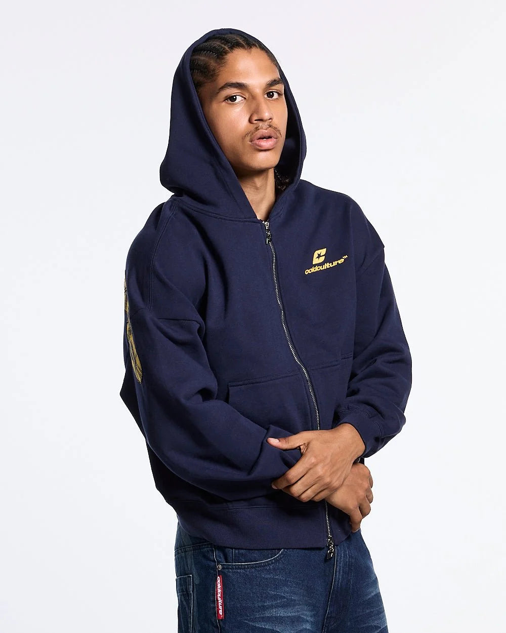 tartan distress curved zip hoodie blue